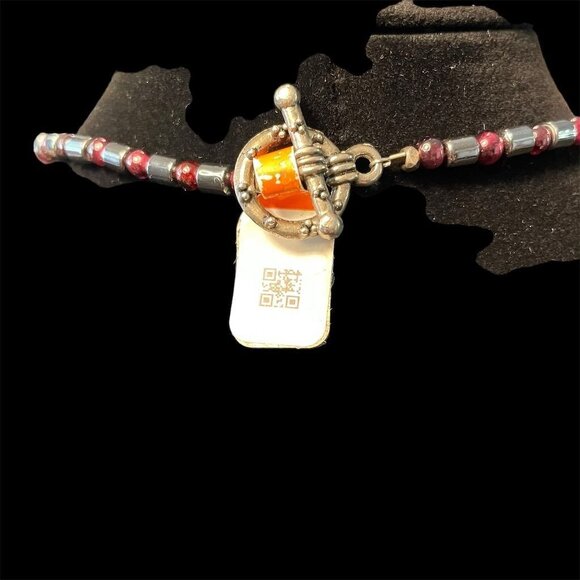 Boho Hematite Beaded Necklace Red Glass Pendant Vintage Artisan Festival Jewelry - Picture 5 of 5